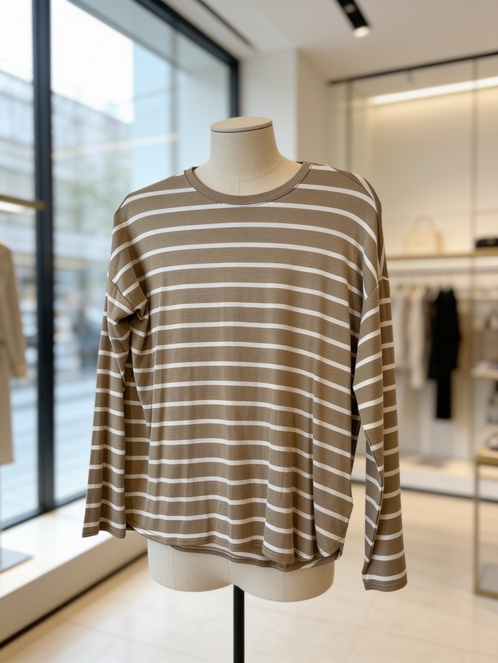 GAP Taupe and White Striped Long-Sleeve Tee